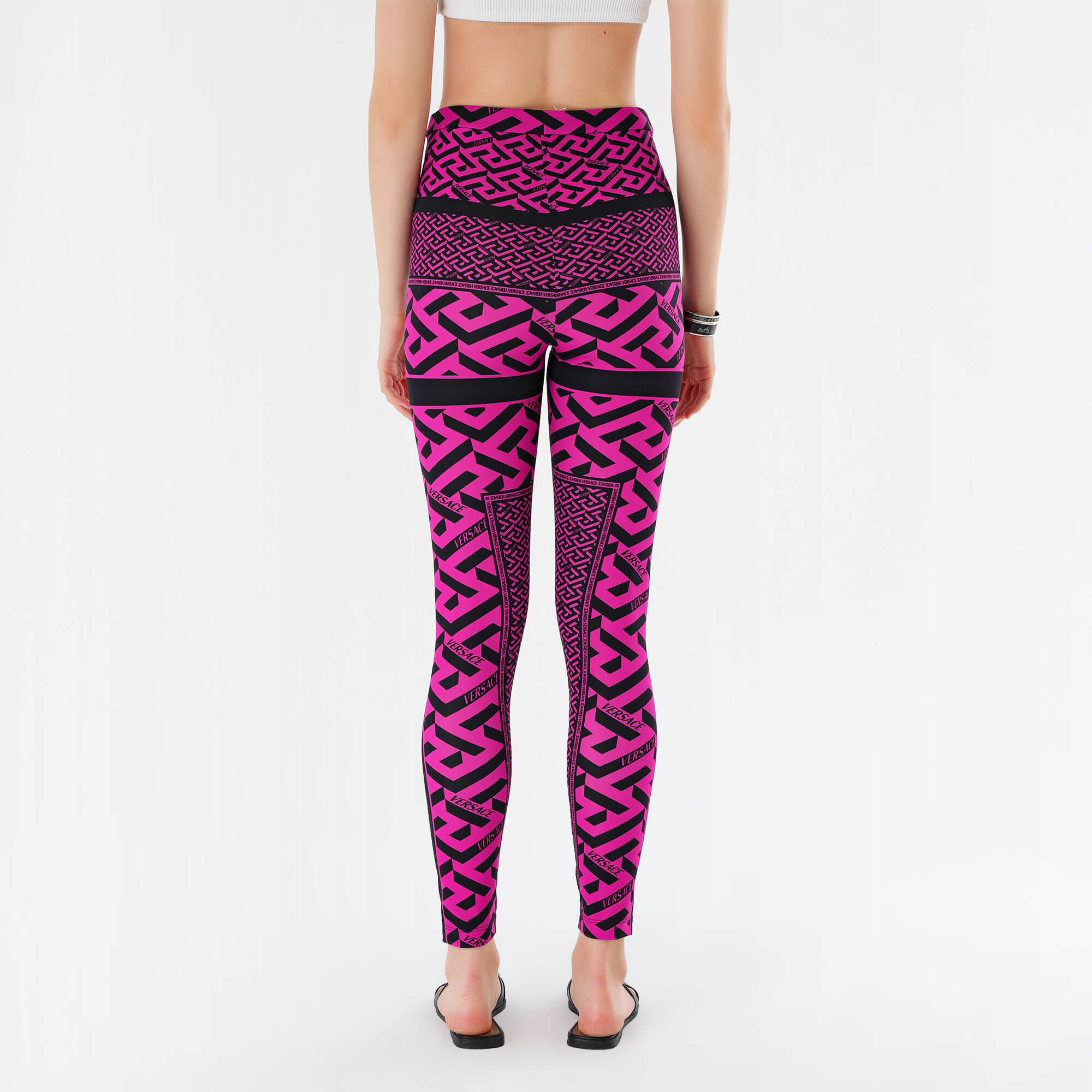 Versace - Fuschia & Black Logo-print stretch-jacquard leggings IT 42